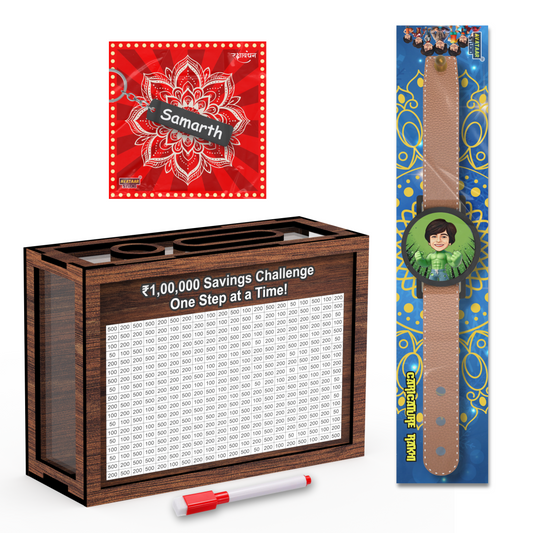Personalized Rakhi Gift Combo Caricature Rakhi with Fridge Magnet Money Saving Box and Name Keychain for Brother Kids and Adults (Combo 3 - Rakhi + Money Saving Box + Name Keychain)