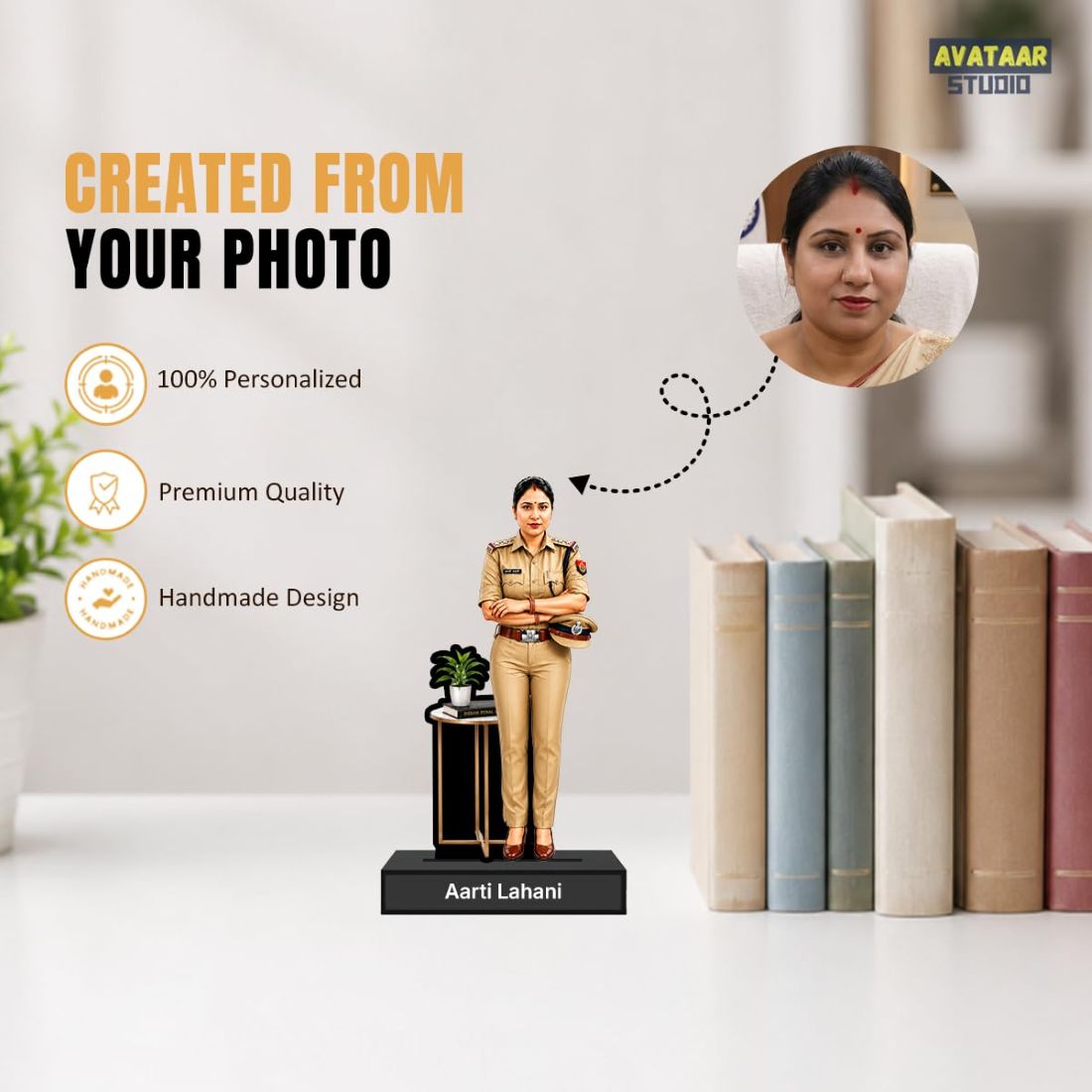 Personalized Lady Inspector Avataar Stand with Name, Custom Photo Caricature Standee, Police Officer Desk Decor, Personalized Gift for Police Officers, IPS Aspirants & Law Enforcement Professionals (POLICE OFFICER, 7 INCHES)